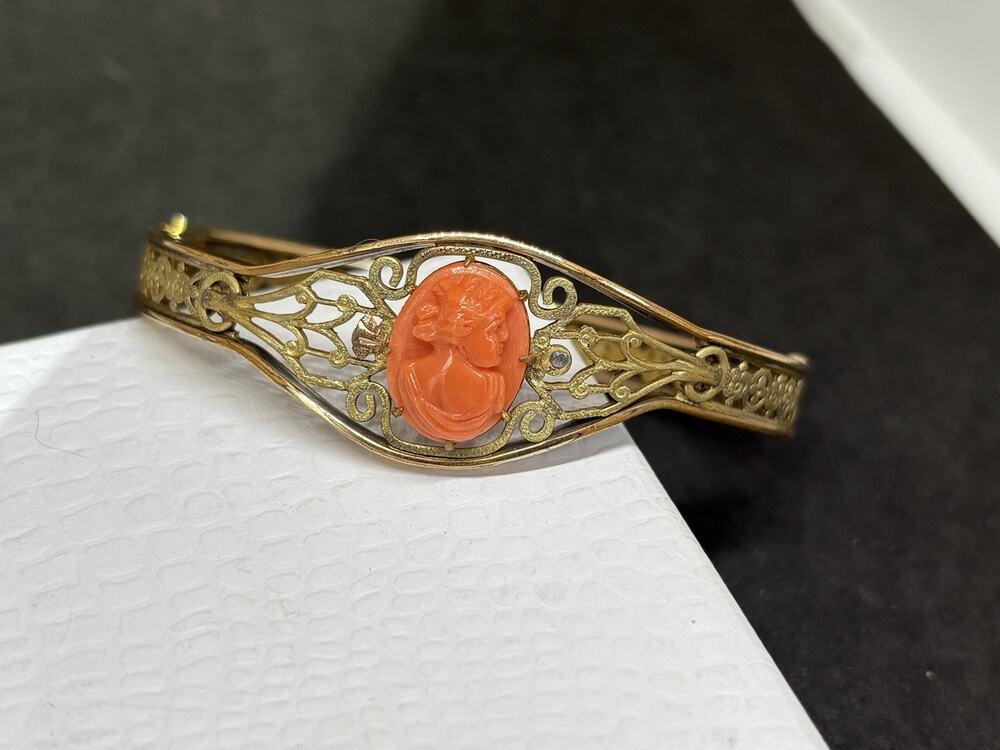 Vtg Victorian Gold Filled R&F Carved Coral Cameo Filigree Bangle Bracelet 2.5”